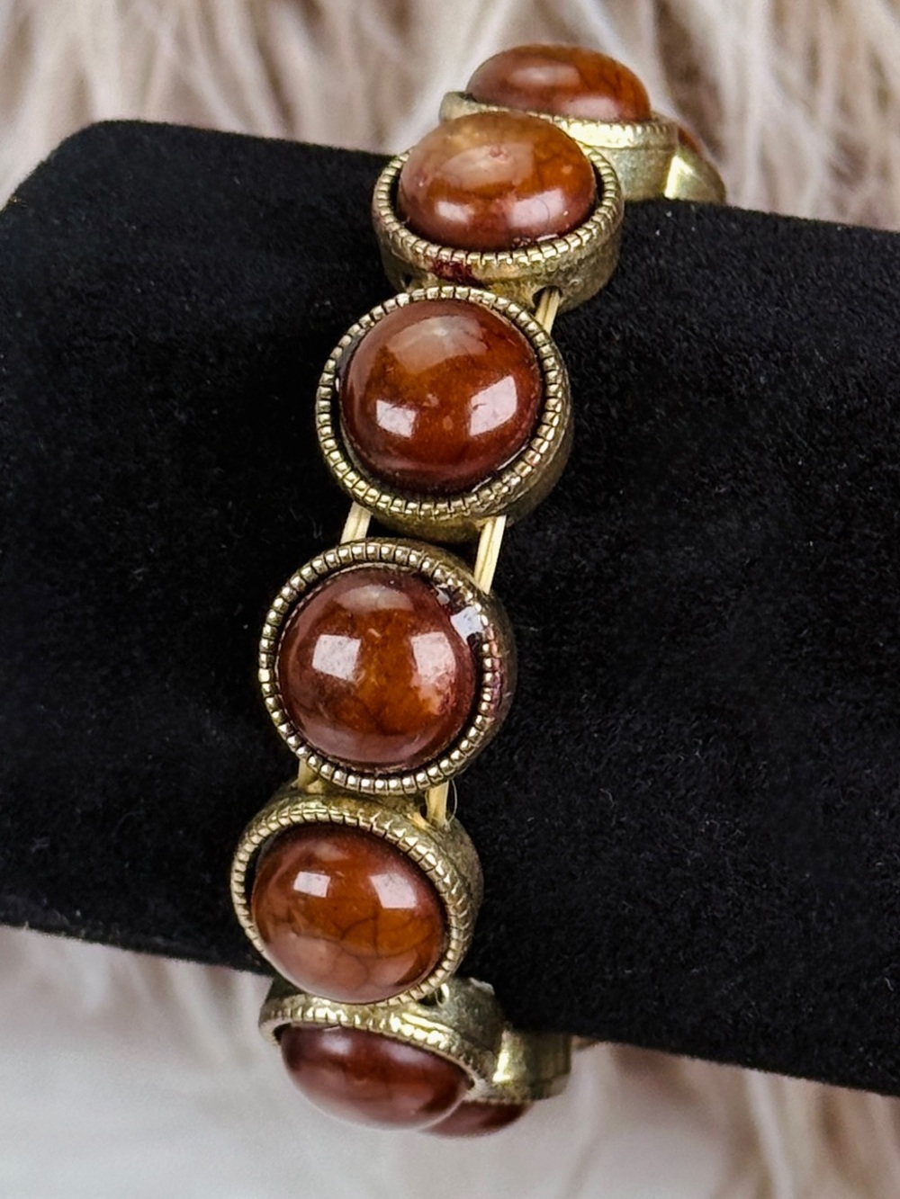 Vintage Brown Cabochon Stretch Bracelet Antique Goldtone